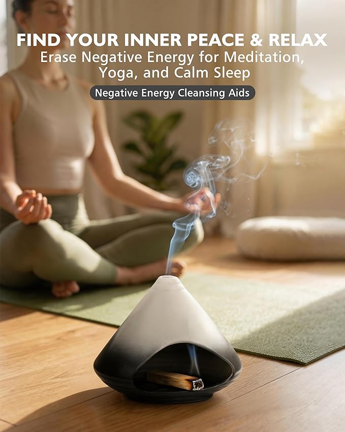 Ceramic Palo Santo Holder Incense Burner Ash Catcher - Modern Chiminea Smudge Bowl for Sage and Wood Sticks - Meditation Energy Cleansing Yoga Gifts for Home Decor