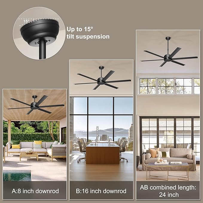 Ohniyou 60" Ceiling Fan No Light - Industrial Fan Remote & APP Control, Quiet DC Motor, Indoor/Outdoor Ceiling Fan for Patio, Shop, Garage, Aluminum Blades, Black
