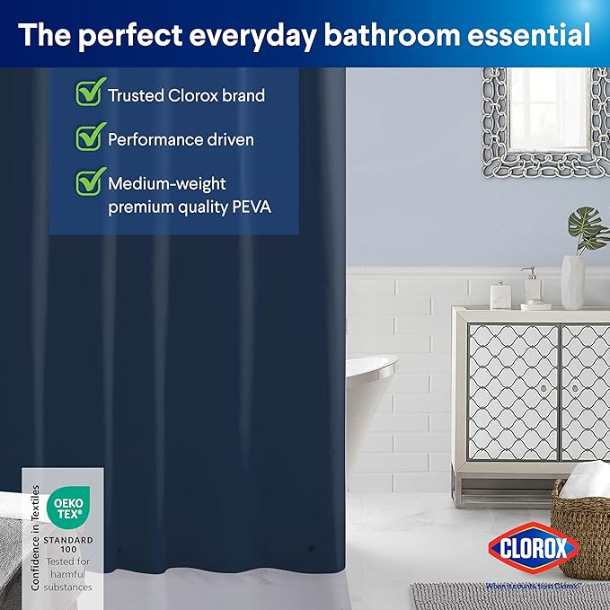 Clorox Shower Curtain Liner, Premium Colored Medium-Weight Durable Waterproof 6g PEVA for Bathroom with Weighted Magnets, Standard Size 72" x 72", Blue