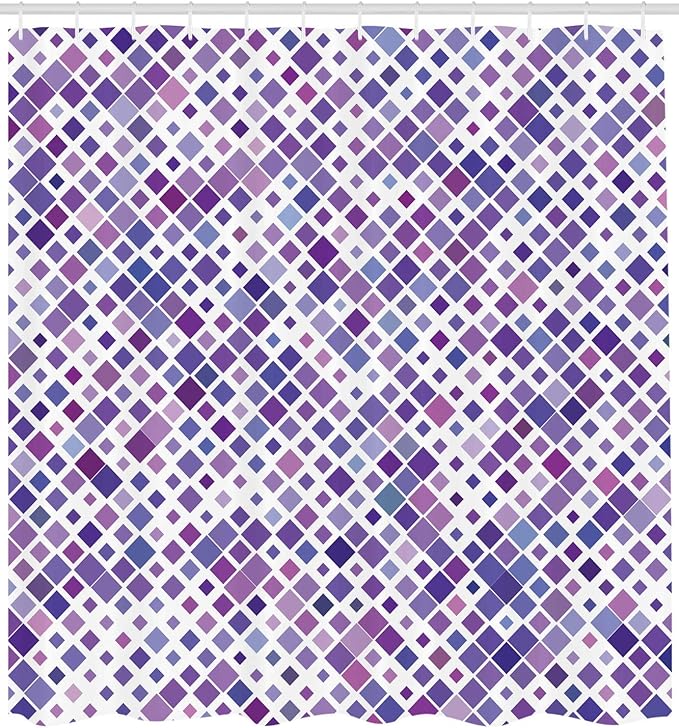 Ambesonne Lavender Shower Curtain, Retro Mosaic Creative Pattern Square Rhythm Abstract Art Print Design, Cloth Fabric Bathroom Decor Set with Hooks, 69" W x 84" L, Violet Purple
