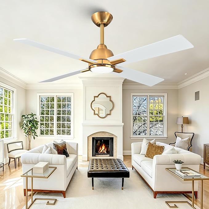 48" Modern White & Gold Ceiling Fan with LED Light and Remote Control, Quiet Reversible DC Motor, 6-Speed Indoor Ceiling Fan for Bedroom, Living Room, Dining Room