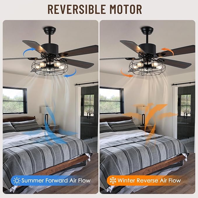 52" Industrial Ceiling Fans with Lights and Remote Control | Caged Rustic Retro Chandelier Ceiling Fan with Reversible Motor,5 Double Colour Blades for Dining Room Living Room Bedroom