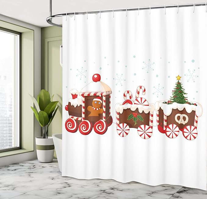 Ambesonne Christmas Shower Curtain, Train with Gingerbread Cream Candy Cartoon Toys Snowflakes Presents, Cloth Fabric Bathroom Decor Set with Hooks, 69" W x 70" L, Red Brown