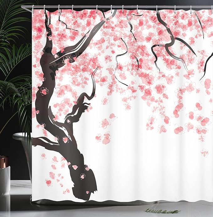 Ambesonne Floral Shower Curtain, Dogwood Tree Blossom in Watercolor Painting Effect Spring Season Theme Pinkish Tones, Cloth Fabric Bathroom Decor Set with Hooks, 69" W x 84" L, Black Pink
