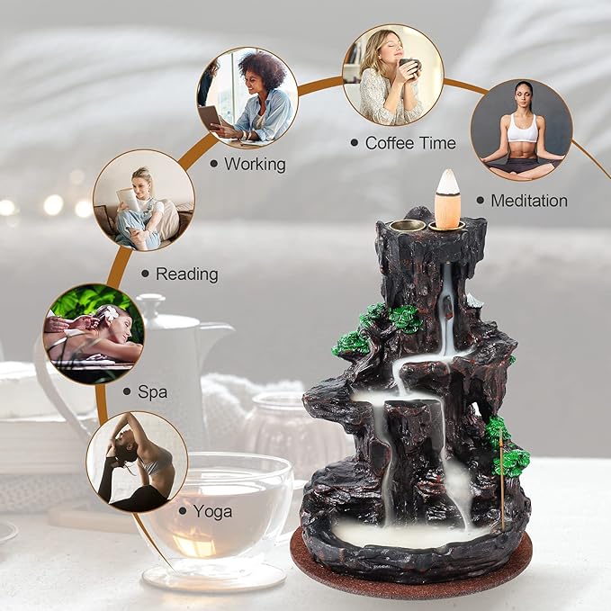 SPACEKEEPER Incense Burner, Backflow Incense Holder 2 Sides Waterfall Incense Burnier with 120 Backflow Incense Cones, 30 Incense Sticks, Aromatcherapy Ornamen for Home