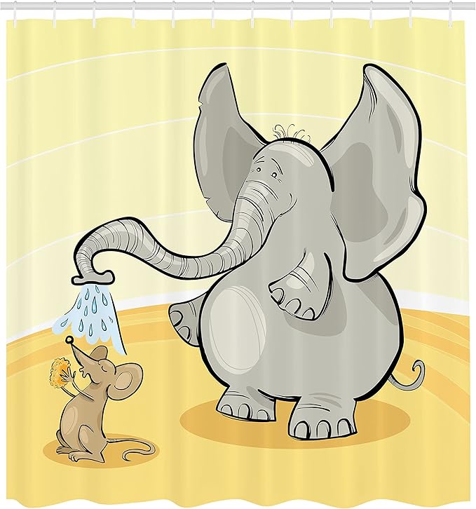 Ambesonne Animal Shower Curtain, Funny Bathing Mouse Trunk in The Desert Cartoon Animal Print, Cloth Fabric Bathroom Decor Set with Hooks, 69" W x 75" L, Grey Yellow Cream