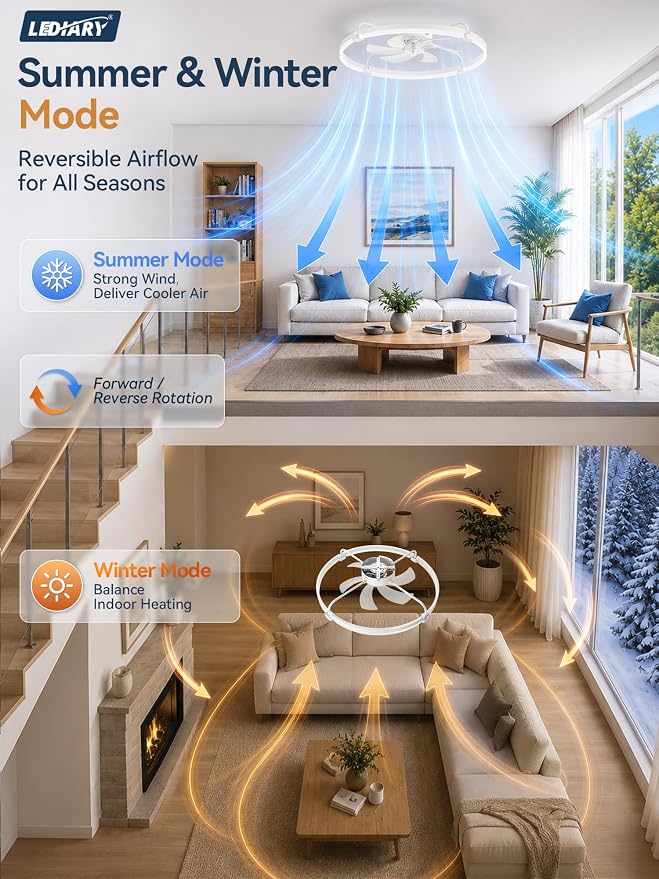 LEDIARY 30" Ceiling Fans with Lights and Remote, Low Profile,Large, White | 3000K-6000K Stepless Dimmable Fandelier, Reversible DC Motor, Remote and APP Control, Bedroom Kitchen Living Room Fan Light