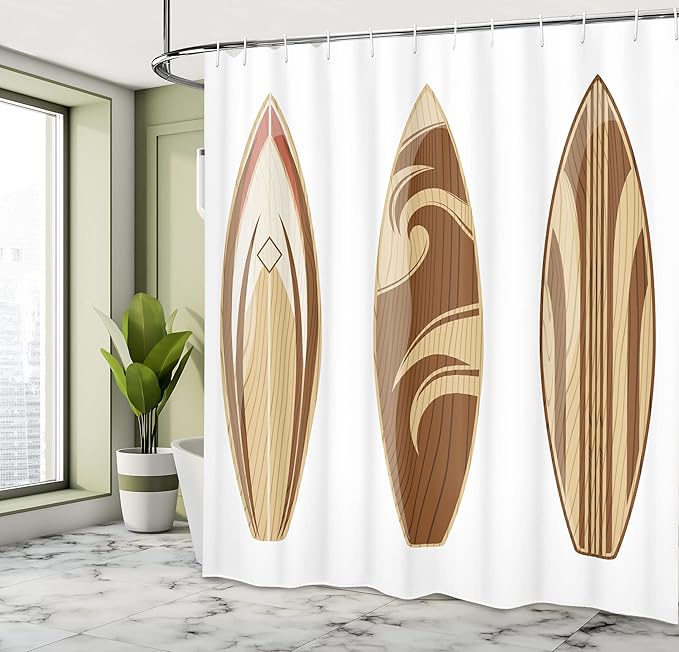 Ambesonne Surfboard Shower Curtain, Surfing Themed Adventurous Woodsy Earthy Color Natural Pattern Remote Shore Illustration, Cloth Fabric Bathroom Decor Set with Hooks, 69" W x 84" L, Brown Caramel