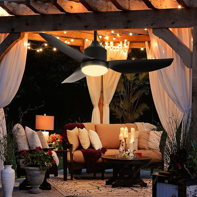 Depuley Outdoor Ceiling Fan with Light: 42 Inch Black Waterproof Gazebo Fans with Lights Outdoor Hanging - Plug in Remote App Control for Patios Indoor Farmhouse Porch - 6 Speed Reversible DC Motor