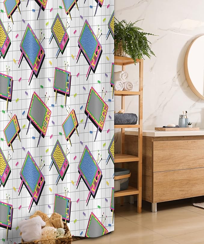 Ambesonne Vintage Stall Shower Curtain, Funny Retro Modern 80s Memphis Neon Color TV Background Cartoon Style Design, Fabric Bathroom Decor Set with Hooks, 36" W x 72" L, Grey Aqua