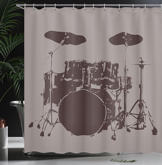 Ambesonne Music Shower Curtain, Grunge Drum Kit for Bass Rythm Lovers Ba Dum TSS Image Sketch, Cloth Fabric Bathroom Decor Set with Hooks, 69" W x 84" L, Taupe Black