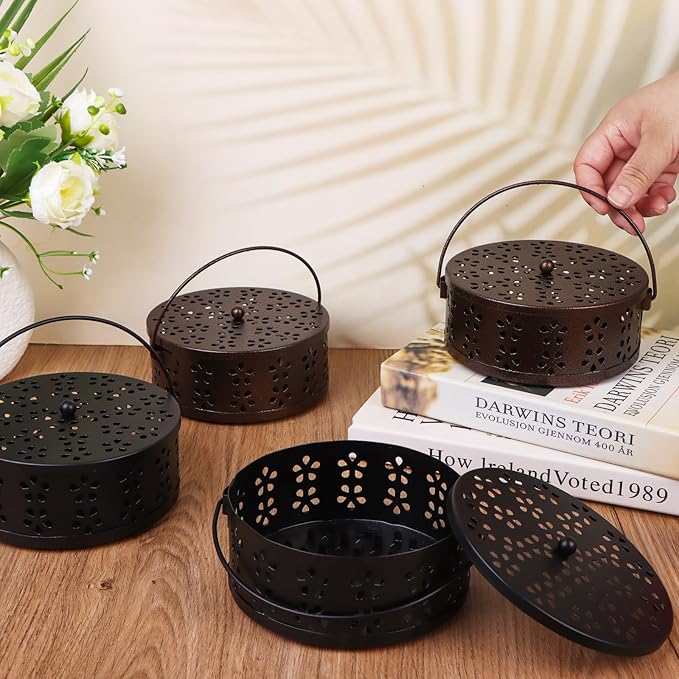 4 Pieces Mosquito Coil Holder Portable Mosquito Incense Holder with Handle Round Metal Sandalwood Incense Burner for Home Camping Indoor Outdoor Patio (Black and Bronze)