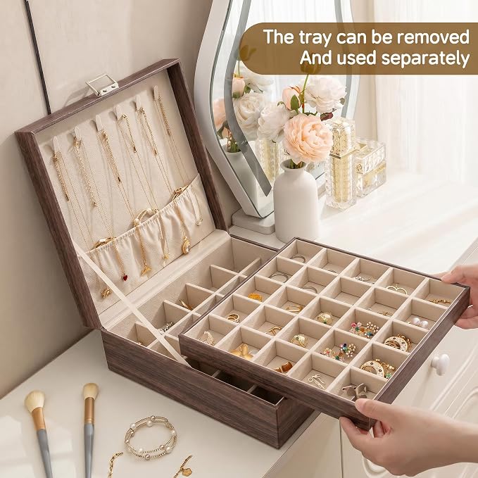 Frebeauty 50 Grid Earring Holder Organizer,2 Layer Jewelry Box for Women | Faux Leather,Velvet Lining,Adjustable Divider,Jewelry Organizer for Ring Necklace and Bracelet,for Home Use and Jewelry Store