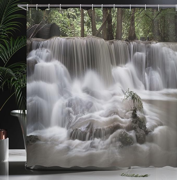 Ambesonne Waterfall Shower Curtain, Mystic Waterfall in Forest Trees with Splashing Water Babbling Brook, Cloth Fabric Bathroom Decor Set with Hooks, 69" W x 70" L, Dark Brown White Green
