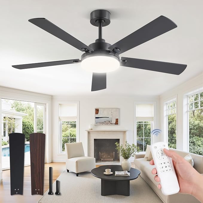 52 Inch Ceiling Fan with Remote, Indoor/Outdoor Black Ceiling Fan with Large LED Panel, Quiet Reversible DC Motor, 6-Speed, 3000-6500K Stepless Dimming, Modern Ceiling Fan for Bedroom, Living Room