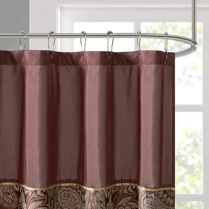 Madison Park Aubrey Shower Curtain Paisley Jacquard Pieced Microfiber Faux Silk Modern Home Bathroom Decorations, 72x72, Burgundy