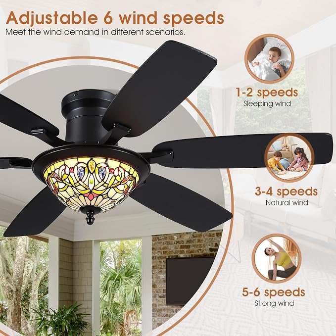 Tiffany Ceiling Fans with Lights - 52" Ceiling Fan Chandelier with Stained Glass Shade, 6 Speeds Reversible 6 Dual-Blades, Flush Mount, 3 CCT Dimmable LED Lights, Remote & APP Control, Vintage Style