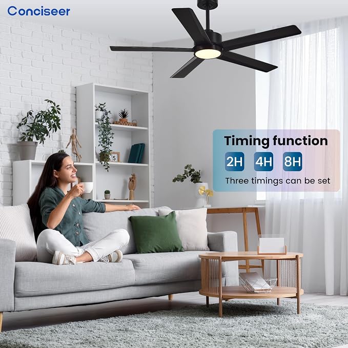 Conciseer Modern Ceiling Fans with Lights,52 Inch Ceiling Fans with Remote for Bedroom Living Room Kitchen, 18W 6CCT Dimmable，5 Blades 6 Speed Reversible Quiet DC Motor Black