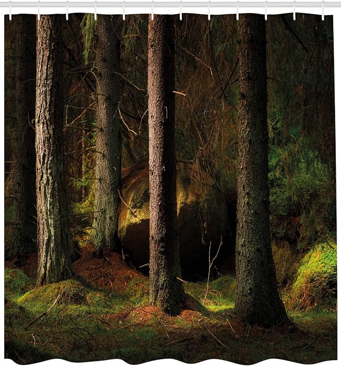 Ambesonne Magic Shower Curtain, Deep Dark in The Enchanted Forest Trees Evening Mystical Theme, Cloth Fabric Bathroom Decor Set with Hooks, 69" W x 84" L, Forest Green