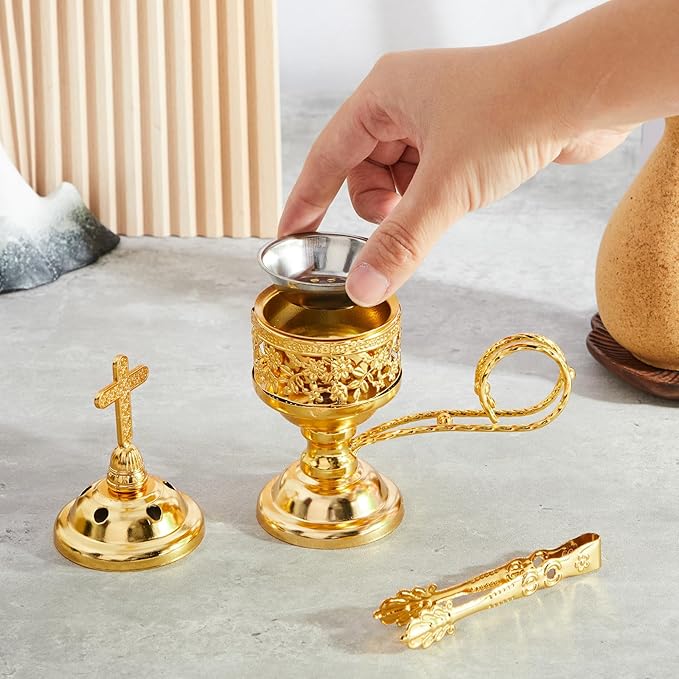 Zonon 2 Sets Incense Burner with Tong, Frankincense Charcoal Incense Stand Holder, Ideal for Yoga, Spa, Aromatherapy, Home and Christian Church Censer (Gold,Classic)