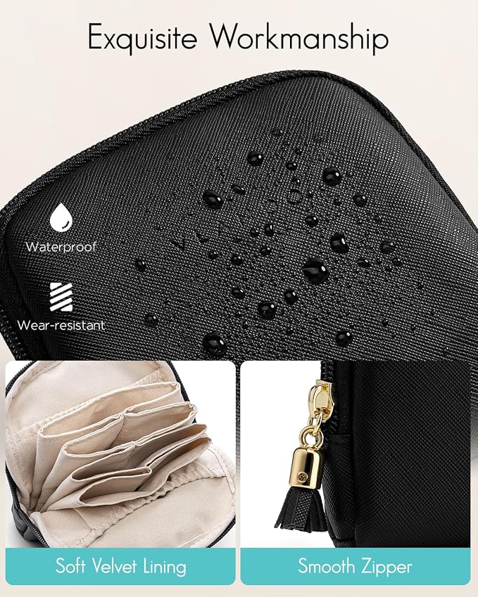 VLANDO Small Jewelry Travel Case,Travel Essentials for Women,Jewelry Pouch Bags with Zipper,Velvet Jewelry Organizer Storage Bag for Bracelet Rings Earring-Black