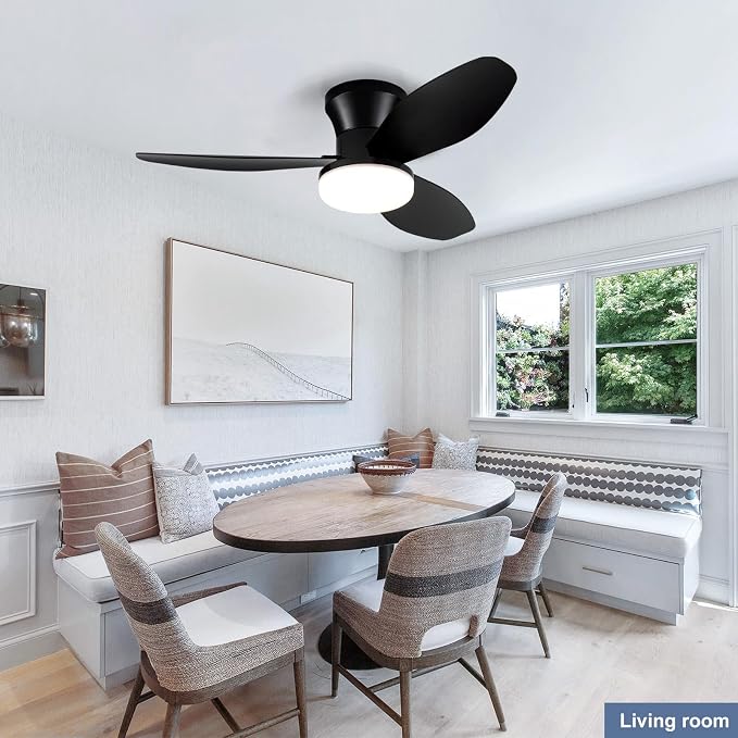 Small Ceiling Fan with Light - 35 Inch Flush Mount Ceiling Fans with Lights and Remote, Low Profile Ceiling Fan with 3 Reversible Blades, 6 Wind Speeds, Black Ceiling Fans for Bedroom Kitchen