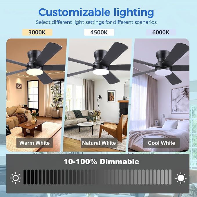 Ayaoty 52" Black Ceiling Fans with Lights- Flush Mount Fan Light with 5 Reversible Blades, 3CCT Dimmable, DC, Low Profile Ceiling Fan for Modern Indoor, Covered Outdoor