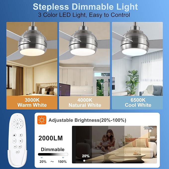 42 Inch Downrod Ceiling Fan with Light, 3 Wood Blades | Remote Control,Reversible Quiet DC Motor,Wood Blades,6 Speed,3CCT Dimmable for Bedroom,Living Room