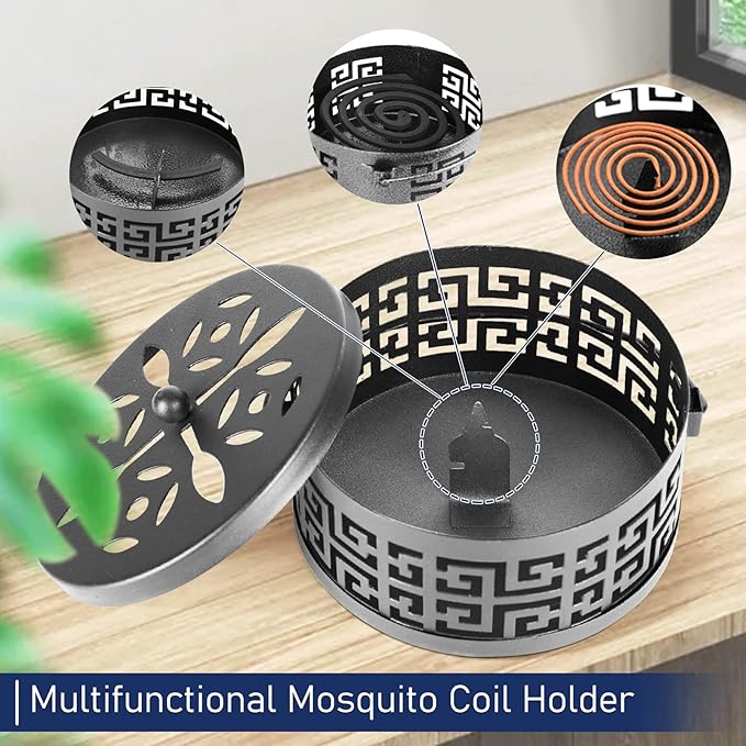 Exquisite Metal Mosquito Coil Holder Long-Lasting Coil Incense Burner for Indoor and Outdoor (Black)