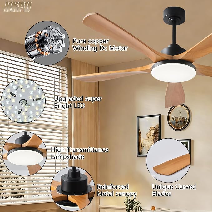 NKPU Ceiling Fans with Lights and Remote Control, 5 Solid Wood Blades, 3CCT Dimmable, 56 Inch Modern Outdoor Ceiling Fans for Bedroom Farmhouse Patios, Quiet DC Motor