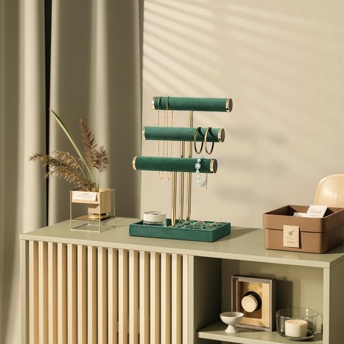 Jewelry Organizer Stand Display, 3 Tier Velvet Bracelet Holder, Green | Jewelry Organizers and Storage | Jewelry Tree | Jewelry Towers for Necklaces, Bracelets, Earrings, Rings