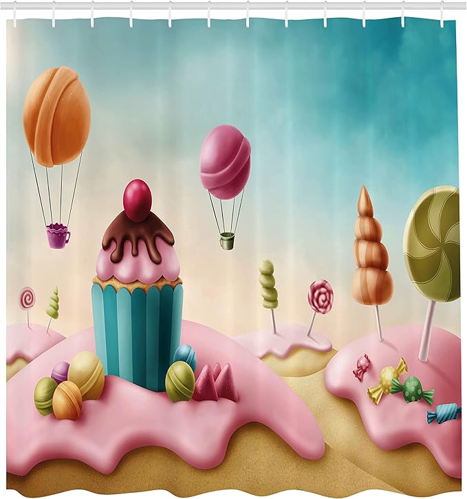 Ambesonne Fantasy Shower Curtain, Surreal Candyland Cupcake Bonbon Lollipops Food Delicious Sweets, Cloth Fabric Bathroom Decor Set with Hooks, 69" W x 70" L, Aqua Pink
