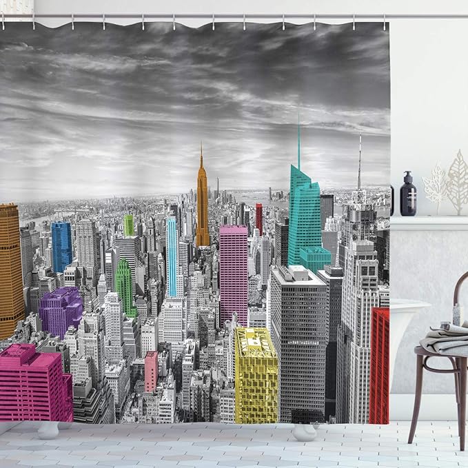 Ambesonne New York Shower Curtain, NYC Cityscape Monochrome Photograph Colorful Buildings Urban Architecture, Cloth Fabric Bathroom Decor Set with Hooks, 69" W x 70" L, Grey Multicolor