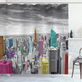 Ambesonne New York Shower Curtain, NYC Cityscape Monochrome Photograph Colorful Buildings Urban Architecture, Cloth Fabric Bathroom Decor Set with Hooks, 69" W x 70" L, Grey Multicolor