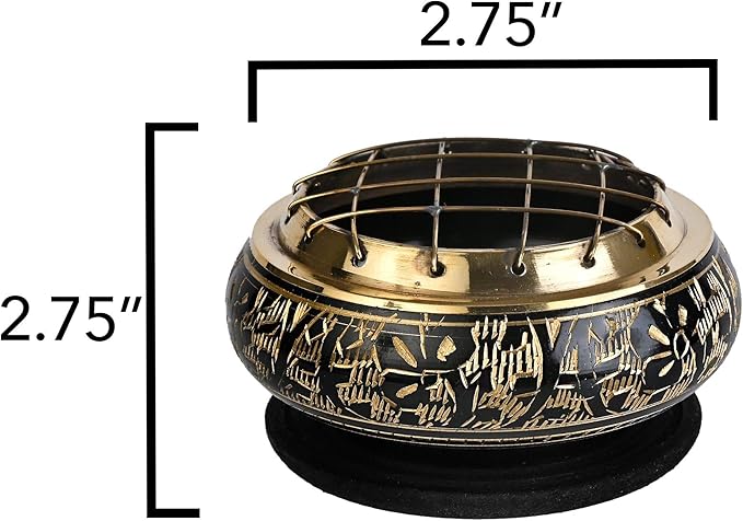 Incense Garden Decorated Brass Black Charcoal Screen Incense Burner - 2.75" Tall - Coaster Included