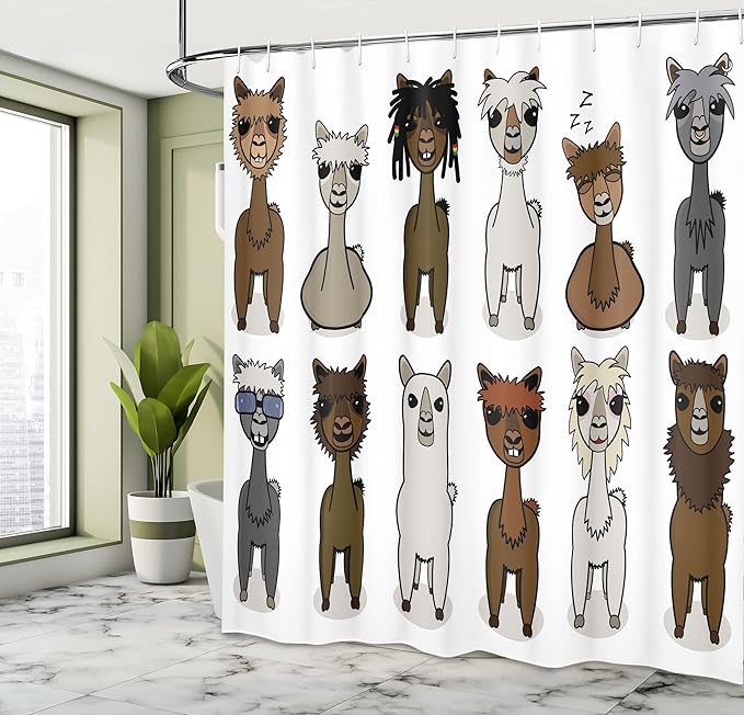 Ambesonne Cartoon Shower Curtain, Charismatic Alpacas with Different Hairs Animal Fiction Comic Artwork, Cloth Fabric Bathroom Decor Set with Hooks, 69" W x 70" L, Brown Grey