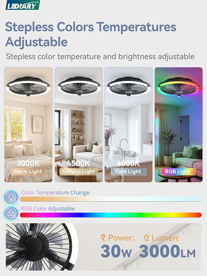 LEDIARY 20" Bladeless Ceiling Fan with Light,Low Profile LED Ceiling Fans with Remote & Smart APP Control, Modern Enclosed Flush Mount Fandelier, 3000-6000K,Bedroom,Kids Room-Black RGB