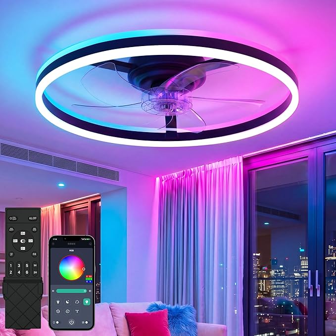 NIORSUN RGB Ceiling Fans with Lights and Remote, Modern Smart LED Ceiling Fans Light, 6 Speeds & 3000K-6500K Dimmable, Quiet Bladeless Fandelier Ceiling Fan with Light for Bedroom (20Inch,Black)