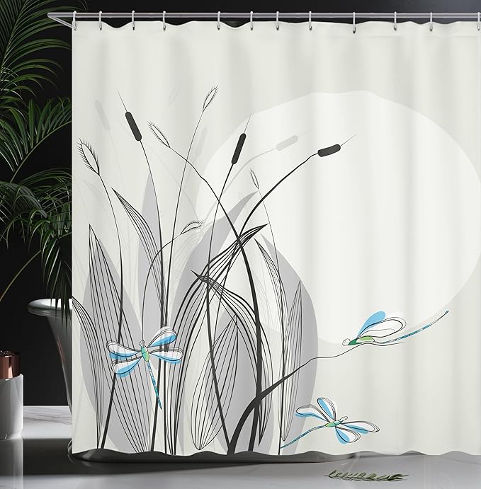 Ambesonne Dragonfly Shower Curtain, Dragonflies on Flowers and Branches Flourishing Nature Spring Time Predator Print, Cloth Fabric Bathroom Decor Set with Hooks, 69" W x 84" L, Beige Black
