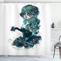 Ambesonne Skull Shower Curtain, Vintage Sugar Shape Girl Day of The Dead Bride Dark Color Roses Graphic, Cloth Fabric Bathroom Decor Set with Hooks, 69" W x 84" L, Petrol Blue White