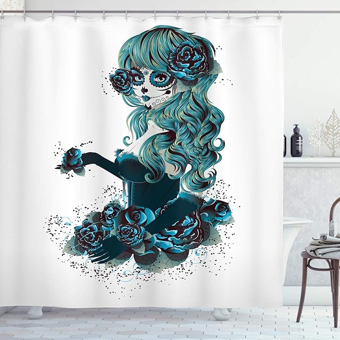 Ambesonne Skull Shower Curtain, Vintage Sugar Shape Girl Day of The Dead Bride Dark Color Roses Graphic, Cloth Fabric Bathroom Decor Set with Hooks, 69" W x 84" L, Petrol Blue White