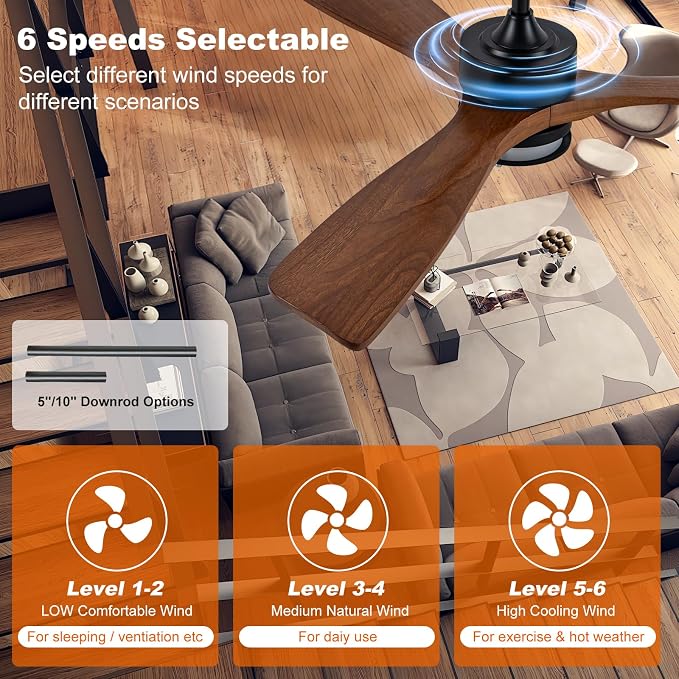 52” Outdoor Ceiling Fan with Light, 3 Walnut Solid Wood Blade, Remote Control, 3CCT Dimmable LED, Timer, 6-Speed Reversible Motor All-Weather Use for Living Room or Patio