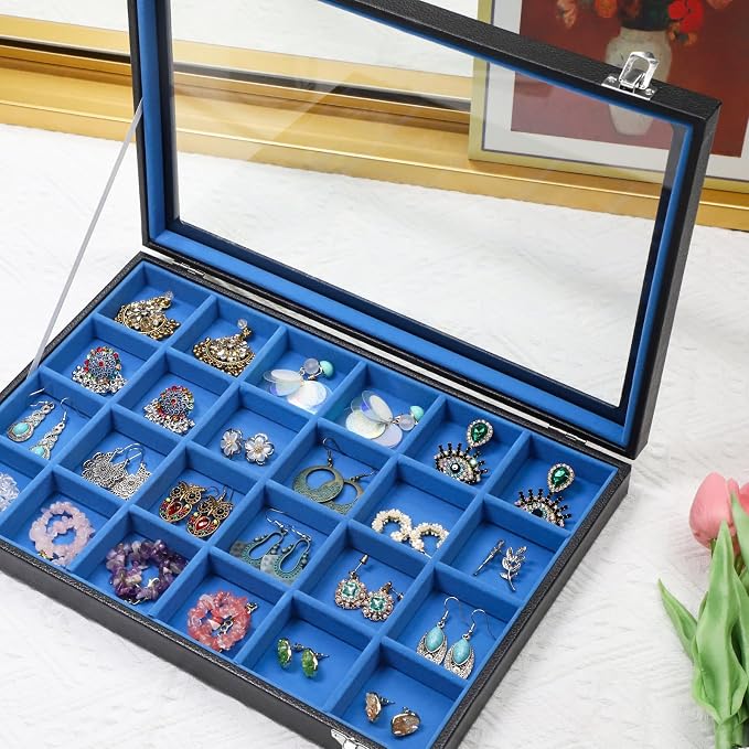 Stratalife 24 Grid Earring Organizer, Jewelry Holder Organizer with Lid | PU Leather Storage Box for Earring, Ring, Studs and Trinkets, Soft Velvet Drawer Organizer for Women, Dustproof, Blue Black