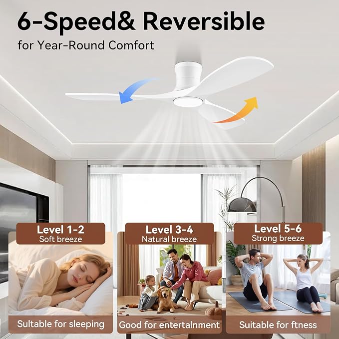 Livory 52” Wood Smart Flush Mount Ceiling Fans with Lights and Remote,Quiet DC Motor,Outdoor Indoor Ultra Low Profile Ceiling Fan works with Alexa WIFI APP,Modern White Ceiling Fan for Bedroom Patio