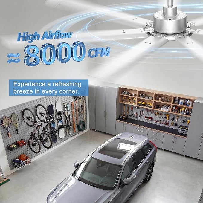 Ohniyou 72'' Industrial Ceiling Fan No Light for Patio, Garage, Silver | 8000 CFM Airflow, 35dB DC Motor, 7 Aluminum Blades, Remote/APP Control, Covered Outdoor Metal Fan