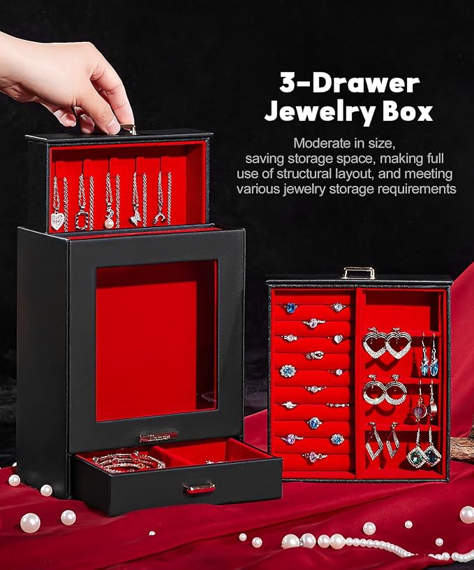 Homde Display Jewelry Box for Girls: Starter Organizer with Clear Window | Vertical Drawers for Earrings Rings Necklaces - Compact Footprint Fits Small Vanities - Birthday&Graduation Gift for Teens