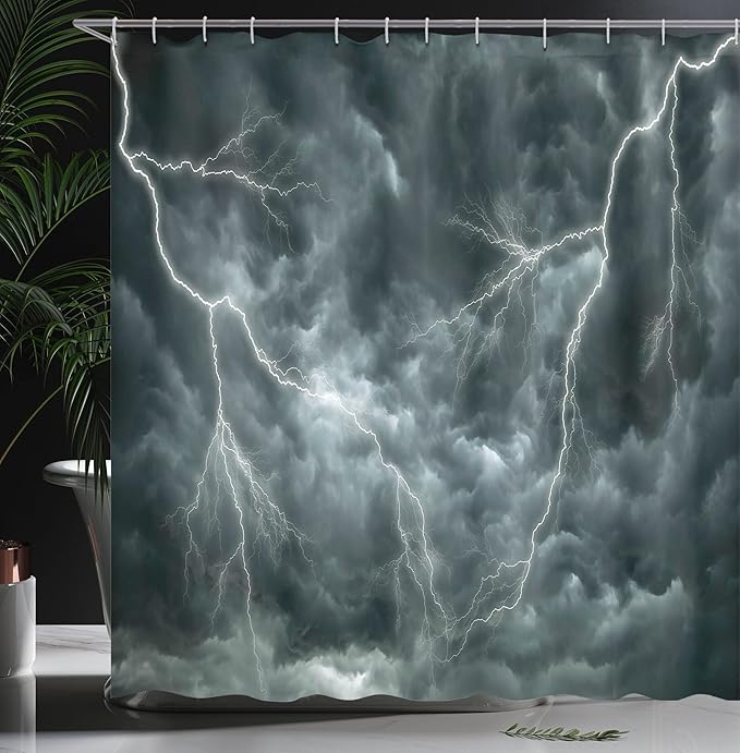Ambesonne Nature Shower Curtain, Large Ominous Dramatic Rain Clouds with Heavy Thunder Tornado Wild Atmosphere Effects, Cloth Fabric Bathroom Decor Set with Hooks, 69" W x 70" L, Grey Blue