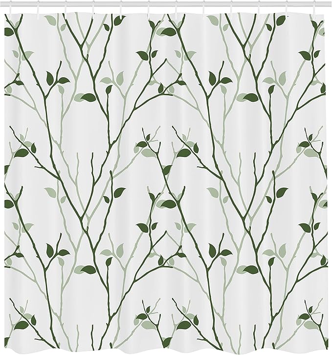 Ambesonne Leaf Shower Curtain, Branches in The Fall Trees Stem Twig Last Few Leafage Minimalistic Design Art, Cloth Fabric Bathroom Decor Set with Hooks, 69" W x 75" L, Reseda Green