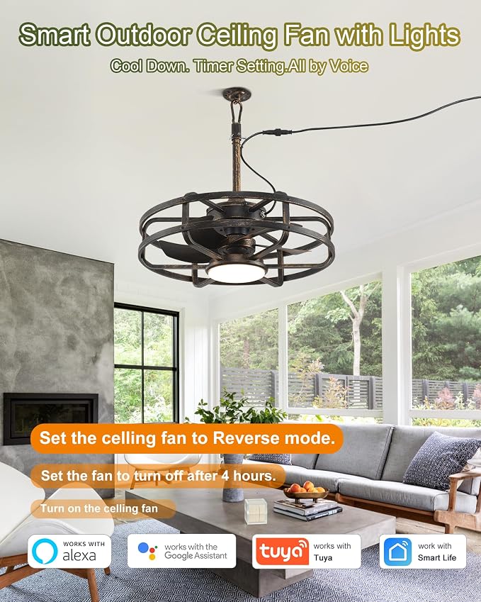 20" Outdoor Ceiling Fan with Light – Waterproof Plug-In Smart Fan for Porch, Pergola & Gazebo, 4CCT Color Adjustable, Alexa & Google Compatible, Caged Design, Brushed Gold Finish