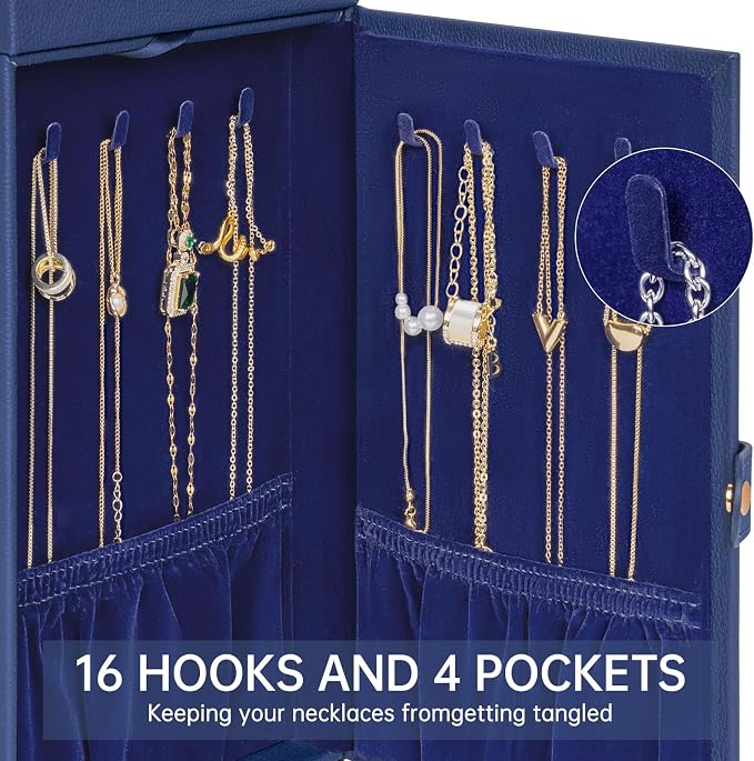 AKOZLIN 6-Tier Jewelry Box Organizer Functional 5 Drawers Leather Jewelry Storage Case for Women Girls Ring Necklace Earring Bracelet Holder Organizer with Mirror Medium Blue